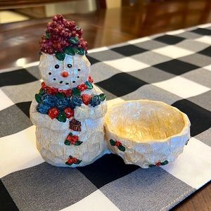 Vintage Woodsy Snowman Berries Holds Candle Trinkets Candy Soap Farmhouse Winter